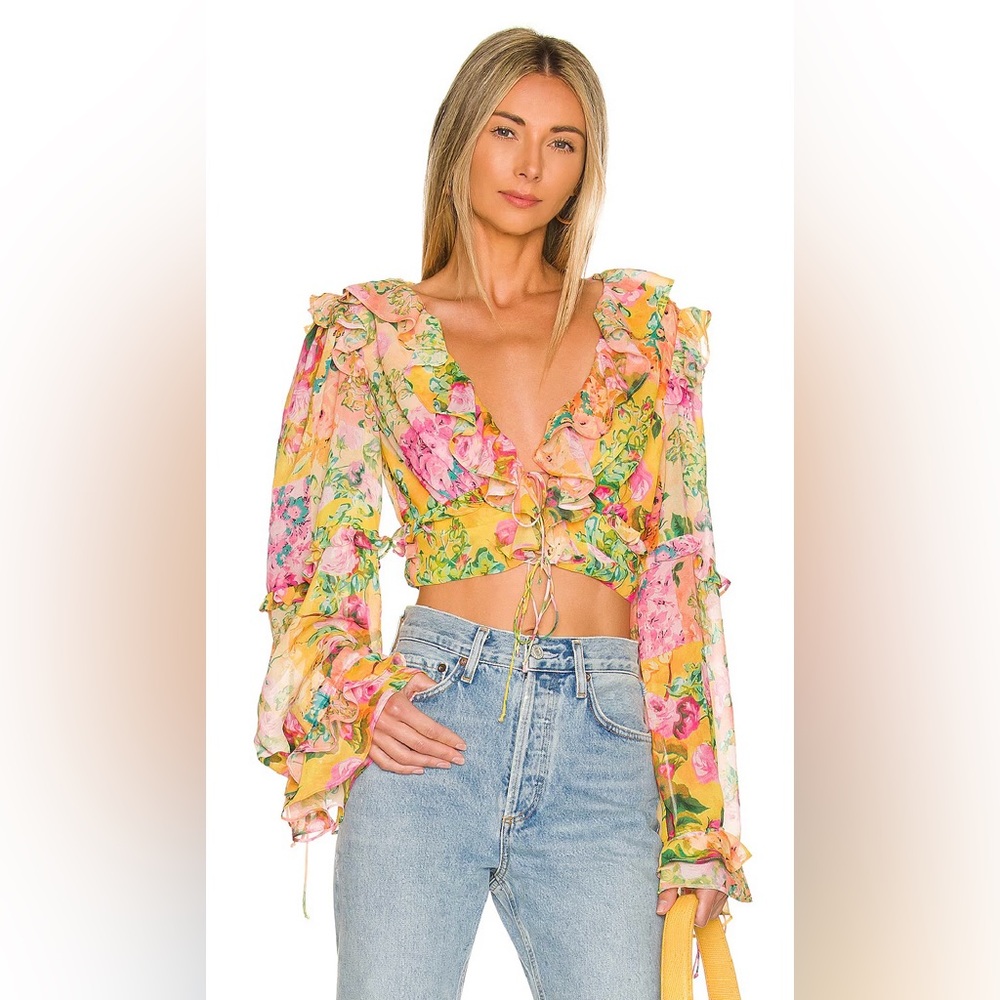 NWT RARE For Love And Lemons SOLD OUT Nina Pink and Yellow Ruffled Crop Blouse